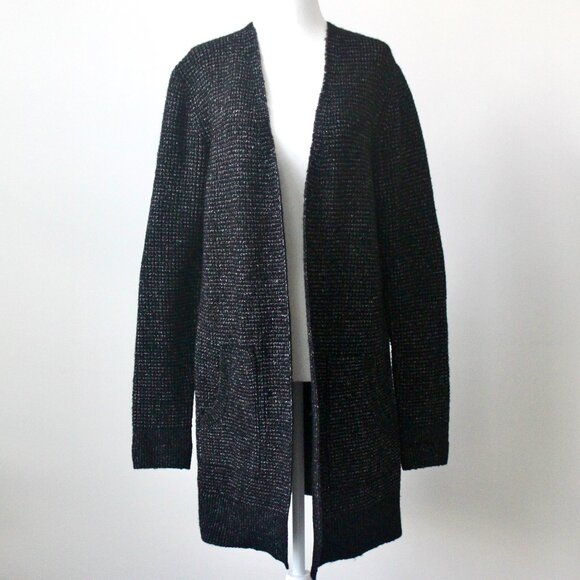 Time and Tru Black Speckled Midi Open Cardigan Sweater Pockets Medium - Picture 1 of 6